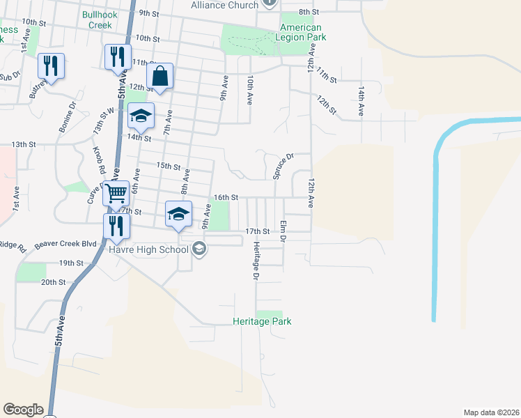map of restaurants, bars, coffee shops, grocery stores, and more near 1601 Pine Drive in Havre