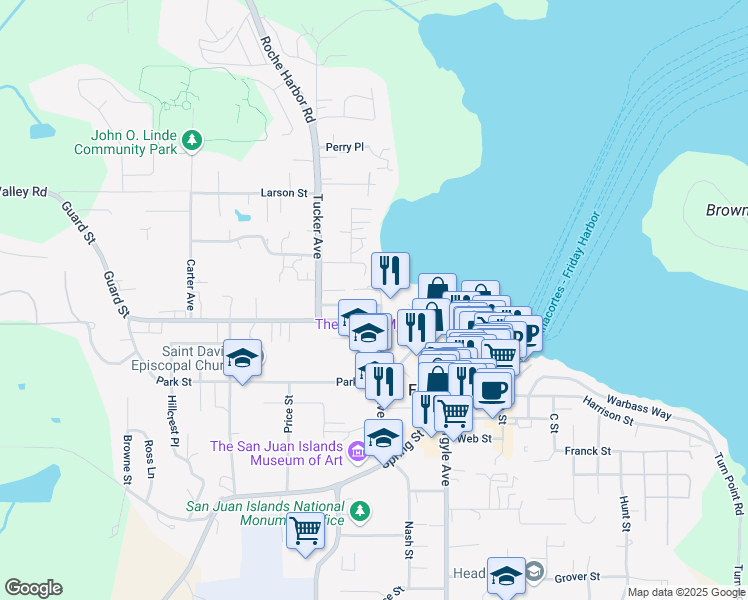 map of restaurants, bars, coffee shops, grocery stores, and more near 520 Jensen Alley in Friday Harbor