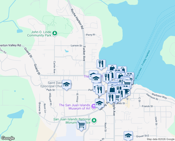 map of restaurants, bars, coffee shops, grocery stores, and more near 250 Tucker Avenue in Friday Harbor