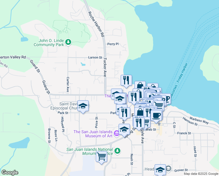 map of restaurants, bars, coffee shops, grocery stores, and more near 250 Tucker Avenue in Friday Harbor