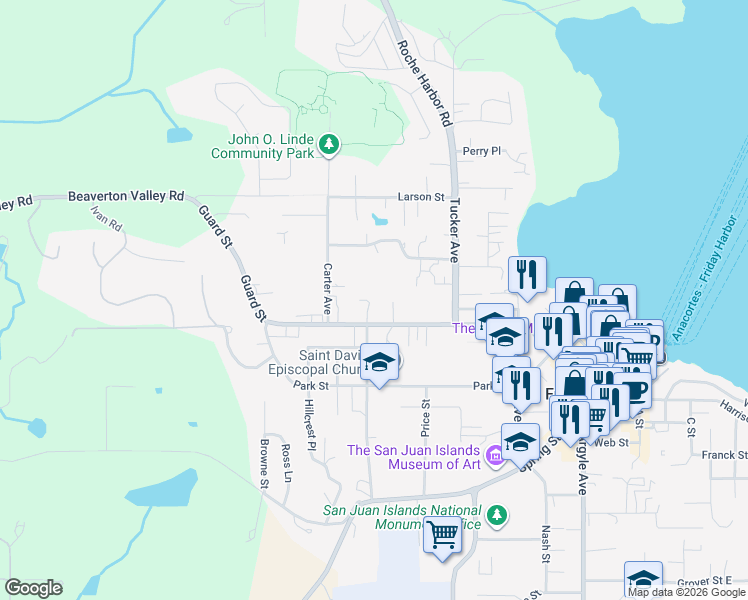 map of restaurants, bars, coffee shops, grocery stores, and more near 790 Guard Street in Friday Harbor