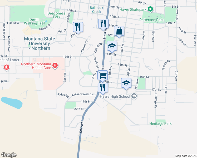 map of restaurants, bars, coffee shops, grocery stores, and more near 1610 5th Avenue in Havre