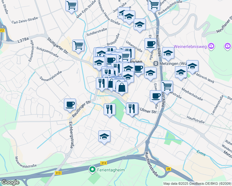 map of restaurants, bars, coffee shops, grocery stores, and more near 11 Ulmer Straße in Metzingen
