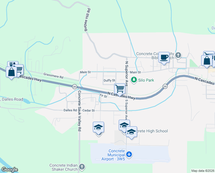 map of restaurants, bars, coffee shops, grocery stores, and more near 45168 Spring Street in Concrete