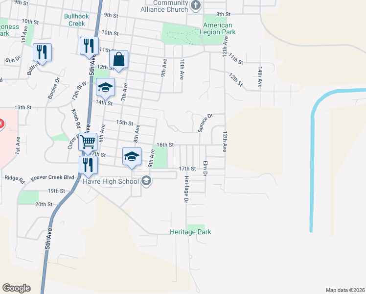 map of restaurants, bars, coffee shops, grocery stores, and more near 1601 Pine Drive in Havre