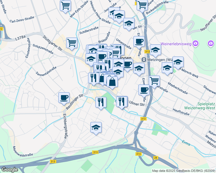 map of restaurants, bars, coffee shops, grocery stores, and more near 11 Ulmer Straße in Metzingen