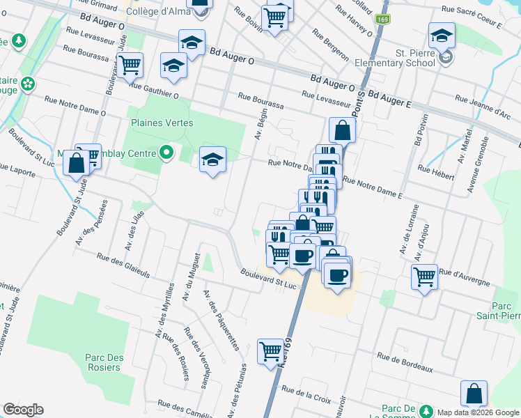 map of restaurants, bars, coffee shops, grocery stores, and more near 985 Avenue Robert-Jean in Alma