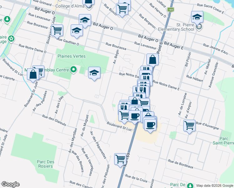 map of restaurants, bars, coffee shops, grocery stores, and more near 985 Avenue Robert-Jean in Alma