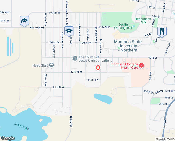 map of restaurants, bars, coffee shops, grocery stores, and more near 630 13th Street West in Havre