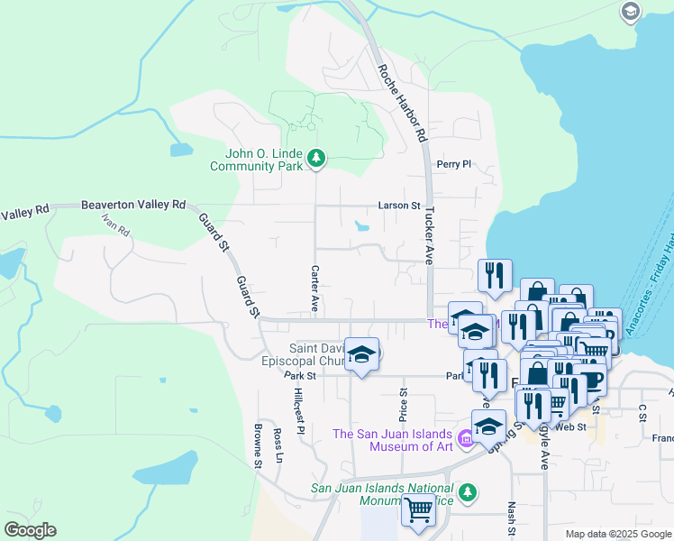 map of restaurants, bars, coffee shops, grocery stores, and more near 825 Harbor Street in Friday Harbor