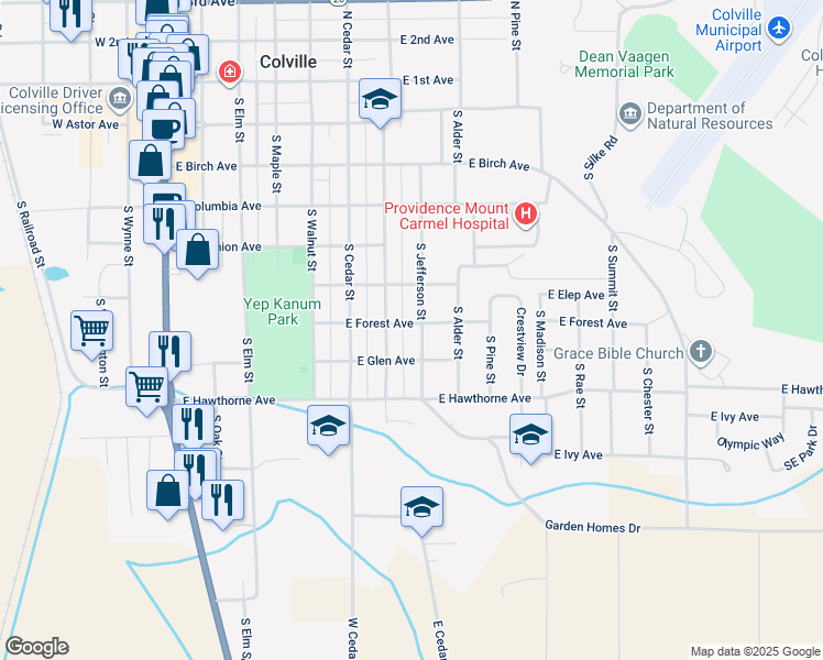map of restaurants, bars, coffee shops, grocery stores, and more near 790 East Forest Avenue in Colville
