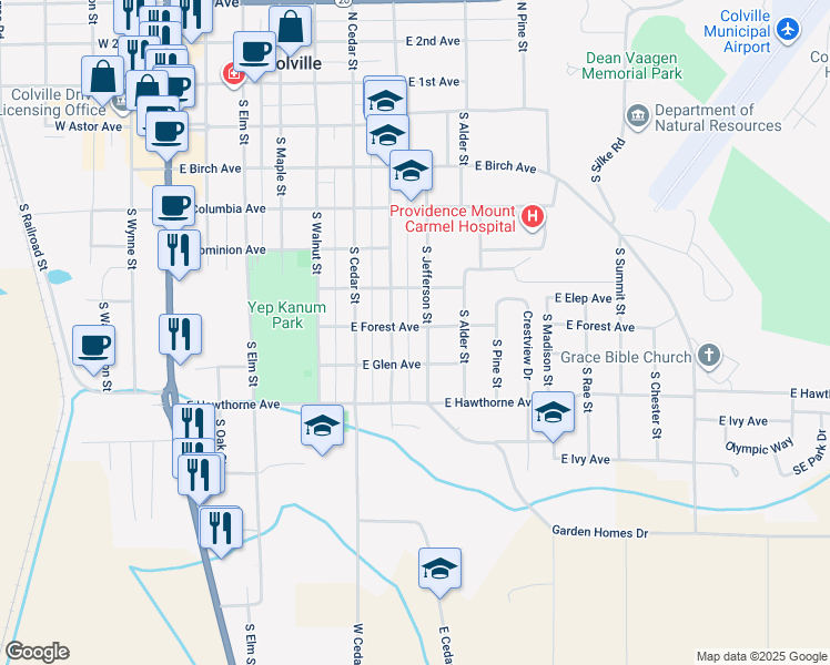 map of restaurants, bars, coffee shops, grocery stores, and more near 790 East Forest Avenue in Colville