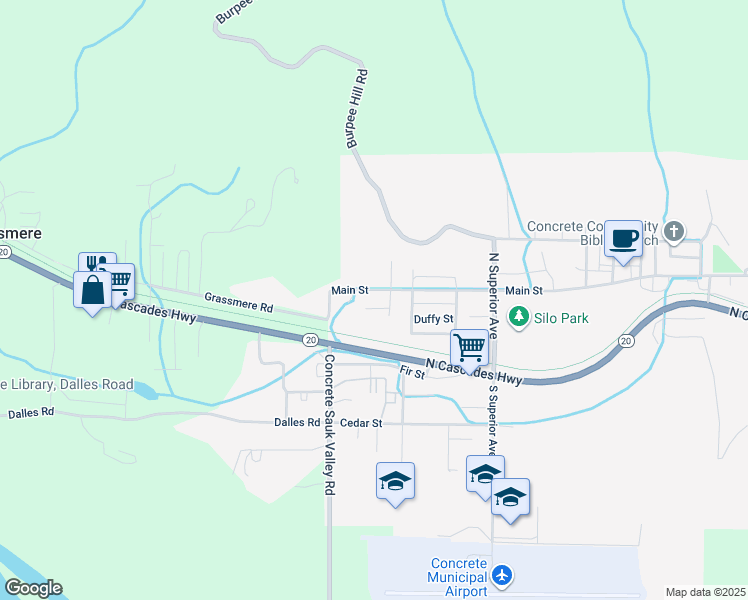 map of restaurants, bars, coffee shops, grocery stores, and more near 45090 Main Street in Concrete