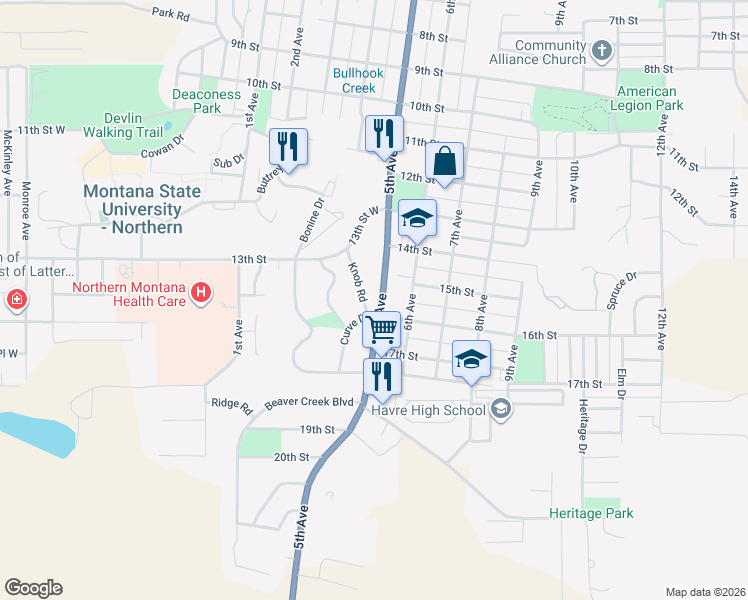 map of restaurants, bars, coffee shops, grocery stores, and more near 9 Knob Road in Havre