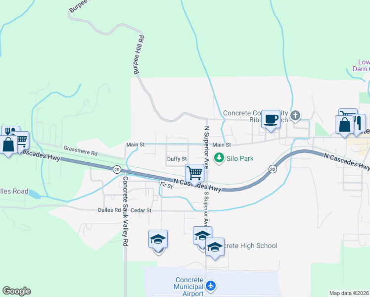 map of restaurants, bars, coffee shops, grocery stores, and more near 45240 Main Street in Concrete