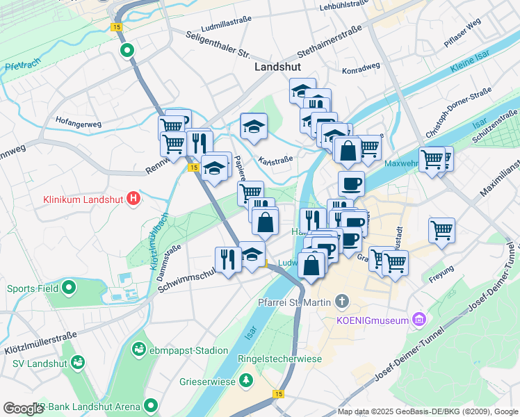 map of restaurants, bars, coffee shops, grocery stores, and more near 10 Staudenrausstraße in Landshut