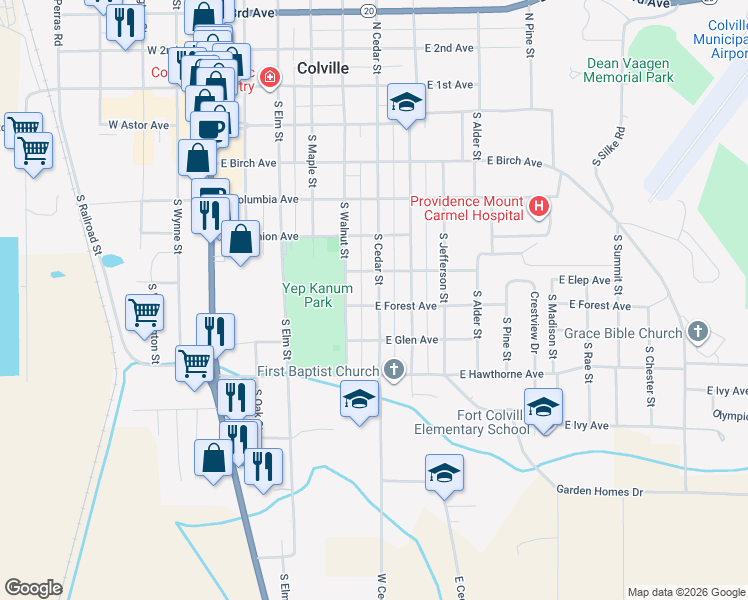 map of restaurants, bars, coffee shops, grocery stores, and more near 680 South Cedar Street in Colville