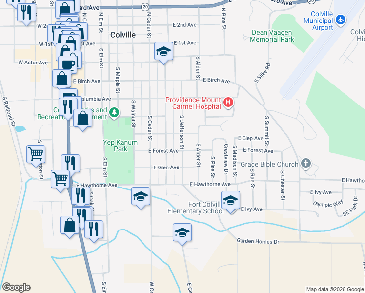 map of restaurants, bars, coffee shops, grocery stores, and more near 675 South Jefferson Street in Colville