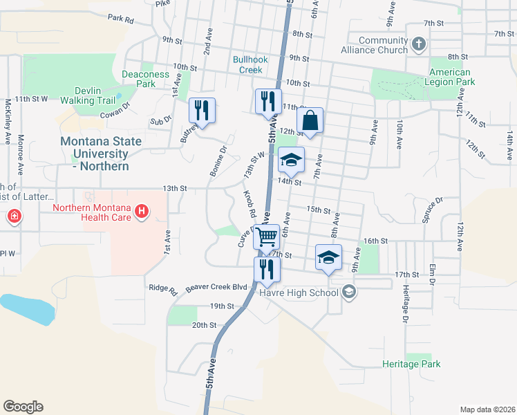 map of restaurants, bars, coffee shops, grocery stores, and more near 9 Knob Road in Havre