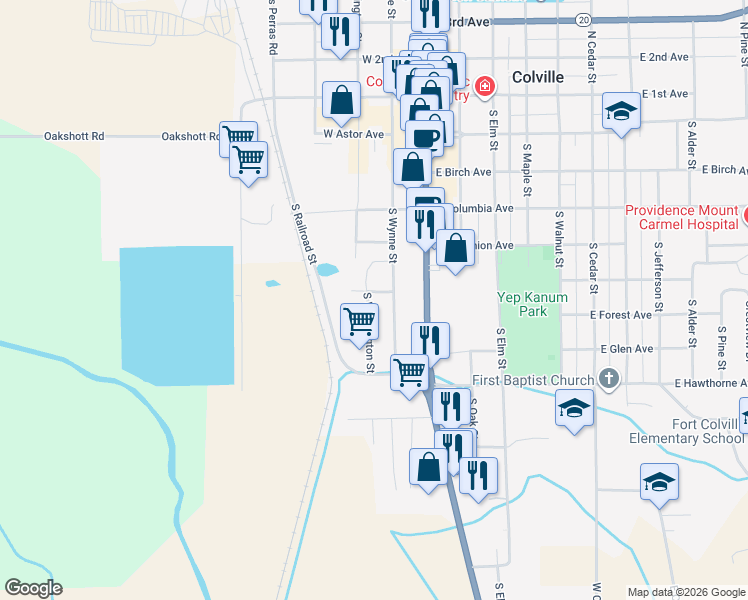 map of restaurants, bars, coffee shops, grocery stores, and more near 231 Elep Avenue in Colville
