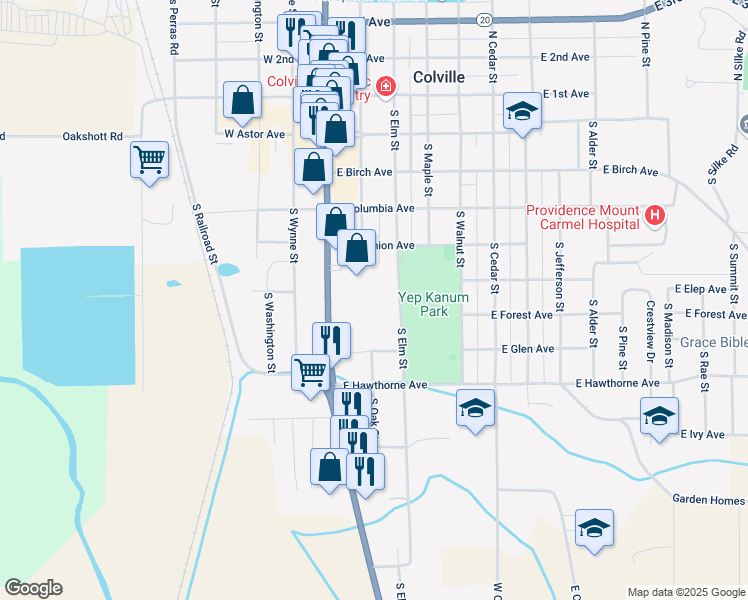 map of restaurants, bars, coffee shops, grocery stores, and more near 630 South Elm Street in Colville
