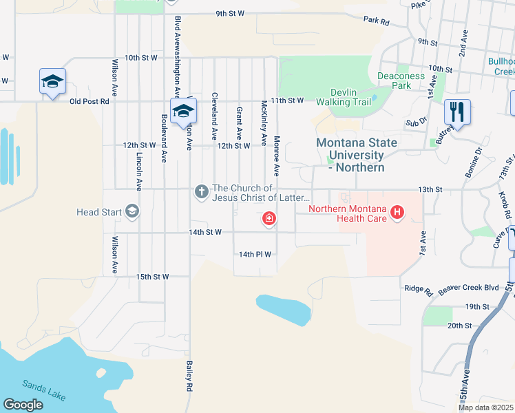 map of restaurants, bars, coffee shops, grocery stores, and more near 630 13th Street West in Havre