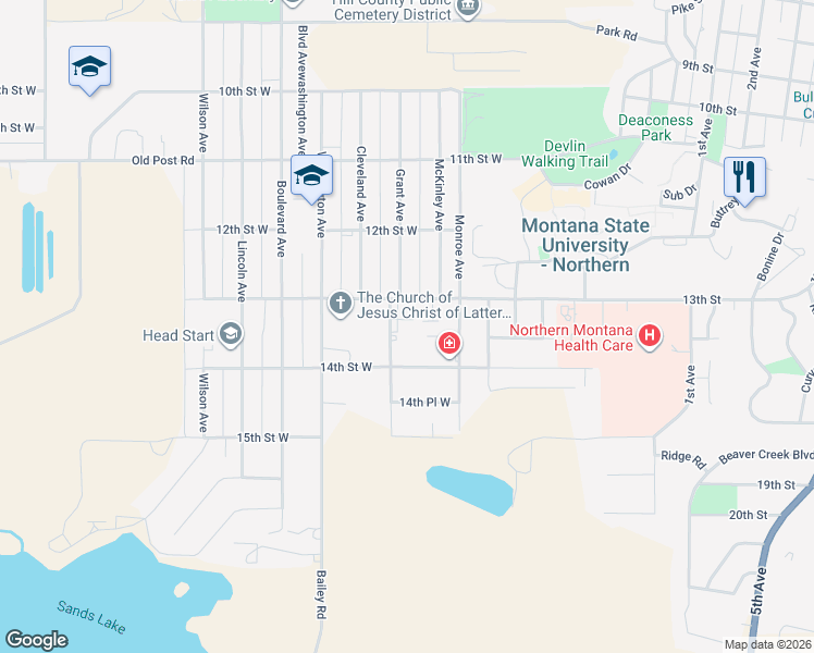 map of restaurants, bars, coffee shops, grocery stores, and more near 1325 Jefferson Avenue in Havre
