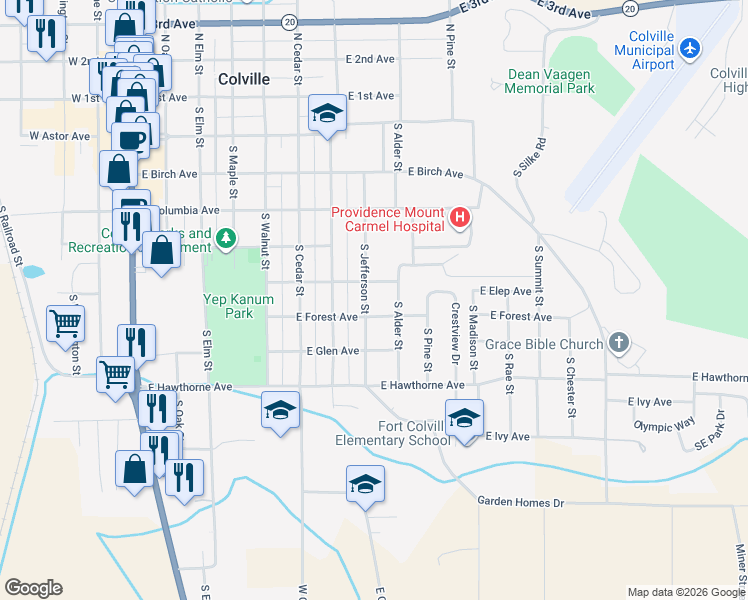 map of restaurants, bars, coffee shops, grocery stores, and more near 675 South Jefferson Street in Colville