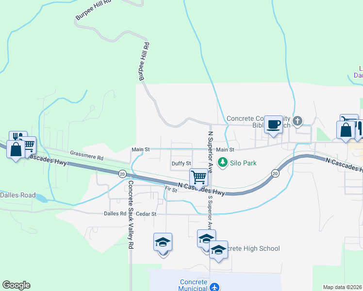 map of restaurants, bars, coffee shops, grocery stores, and more near 45240 Main Street in Concrete