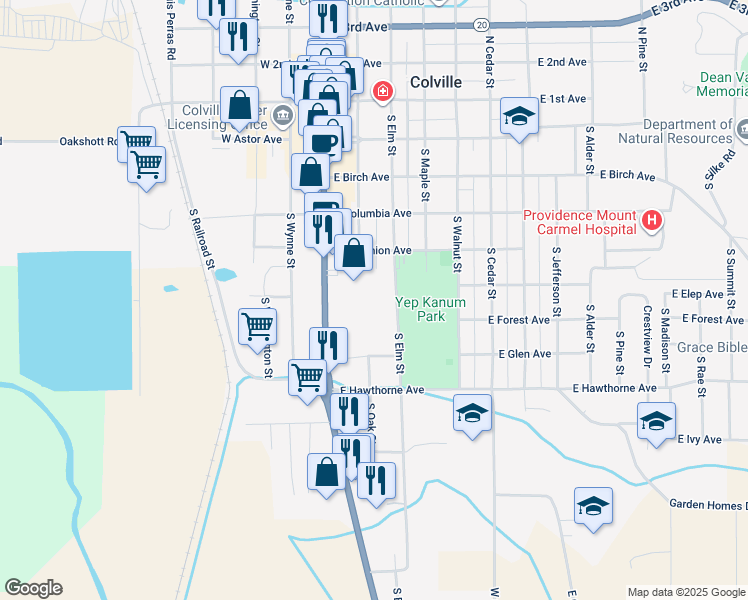 map of restaurants, bars, coffee shops, grocery stores, and more near 628 South Elm Street in Colville