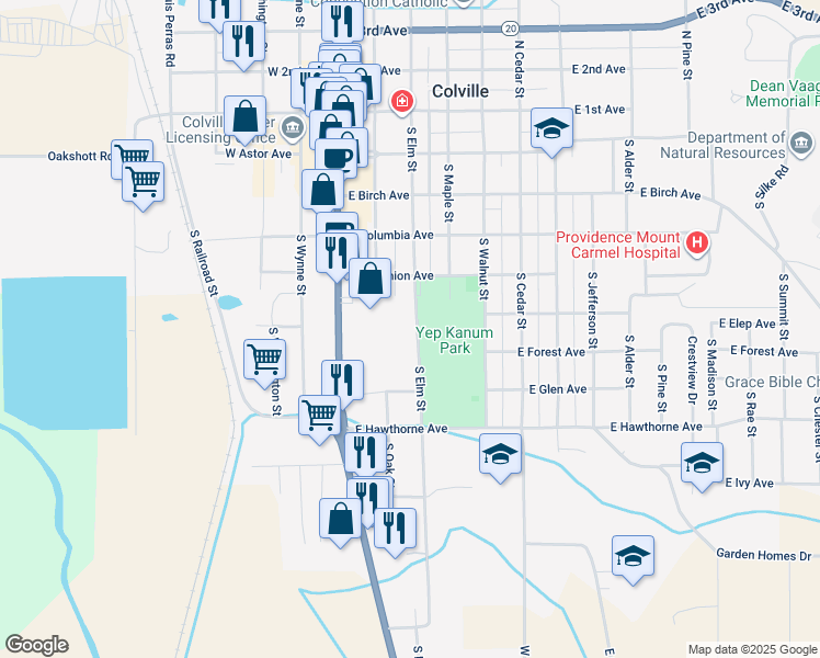 map of restaurants, bars, coffee shops, grocery stores, and more near 628 South Elm Street in Colville