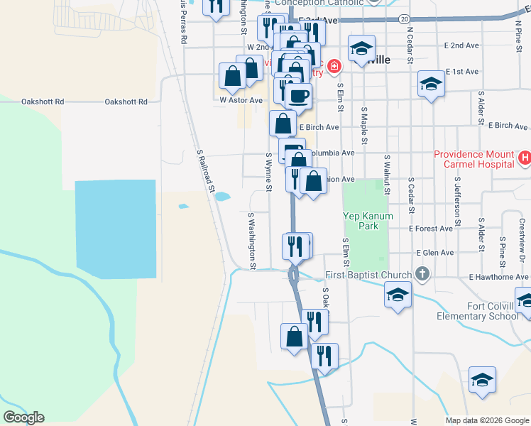 map of restaurants, bars, coffee shops, grocery stores, and more near 231 Elep Avenue in Colville