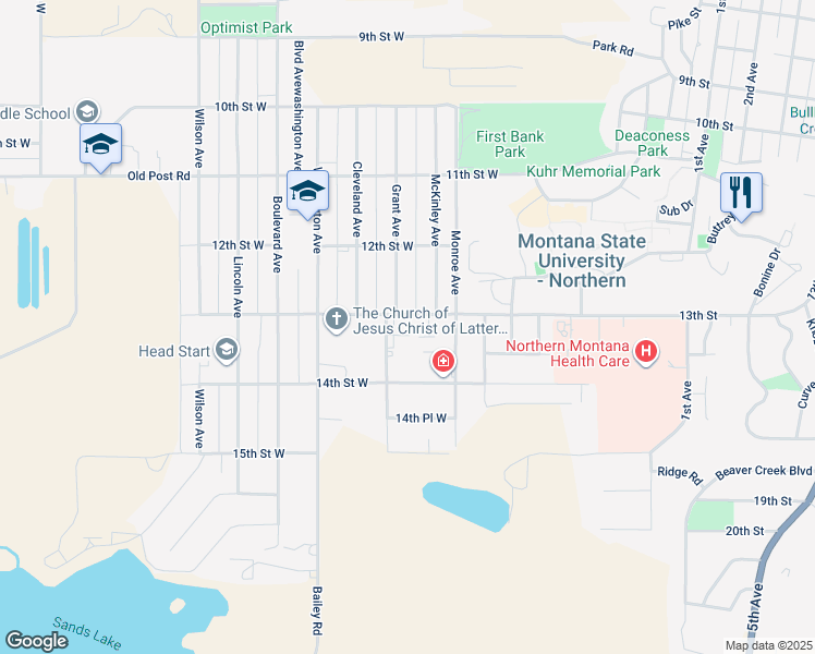 map of restaurants, bars, coffee shops, grocery stores, and more near 1315 Jefferson Avenue in Havre