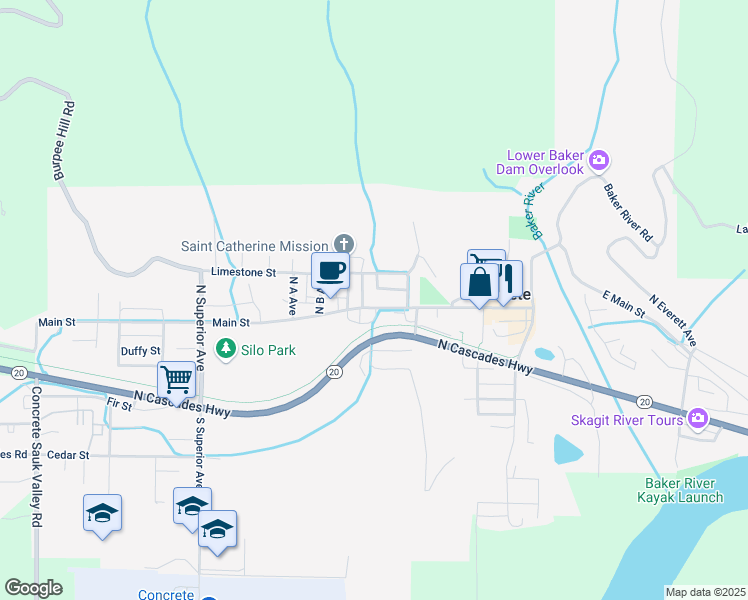 map of restaurants, bars, coffee shops, grocery stores, and more near in Concrete