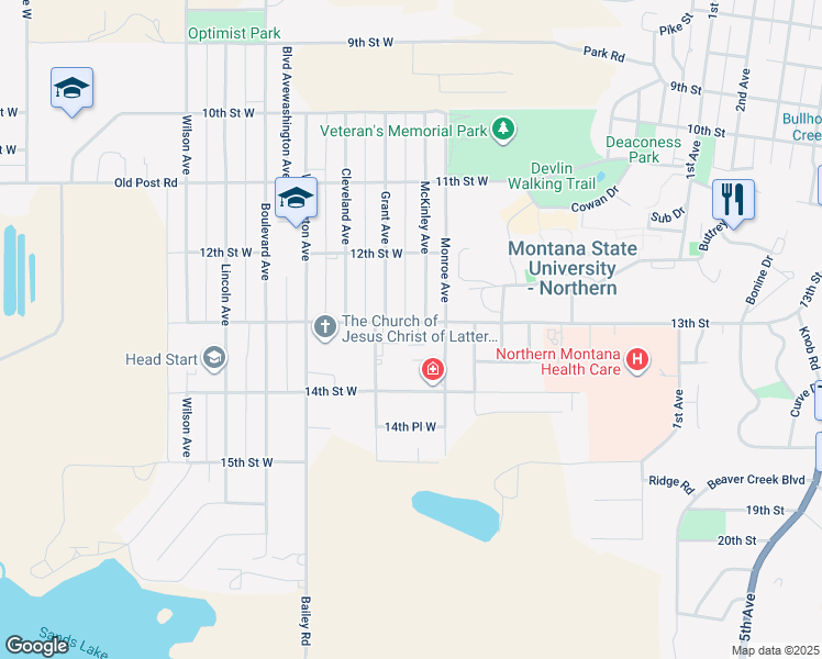 map of restaurants, bars, coffee shops, grocery stores, and more near 630 13th Street West in Havre