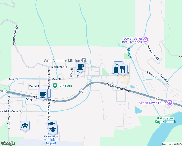map of restaurants, bars, coffee shops, grocery stores, and more near in Concrete