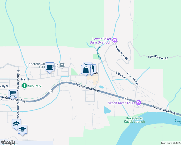 map of restaurants, bars, coffee shops, grocery stores, and more near in Concrete
