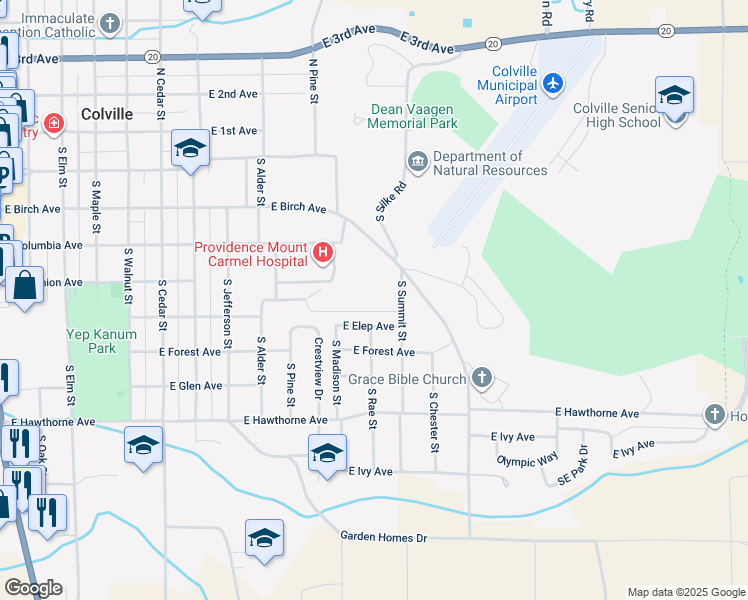 map of restaurants, bars, coffee shops, grocery stores, and more near 542 South Summit Street in Colville