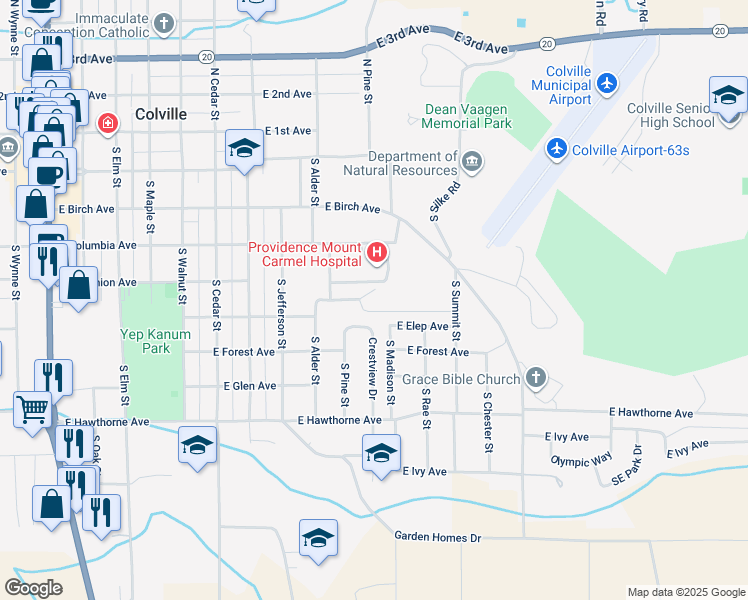 map of restaurants, bars, coffee shops, grocery stores, and more near 958 East Elep Avenue in Colville