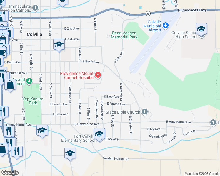 map of restaurants, bars, coffee shops, grocery stores, and more near 542 South Summit Street in Colville