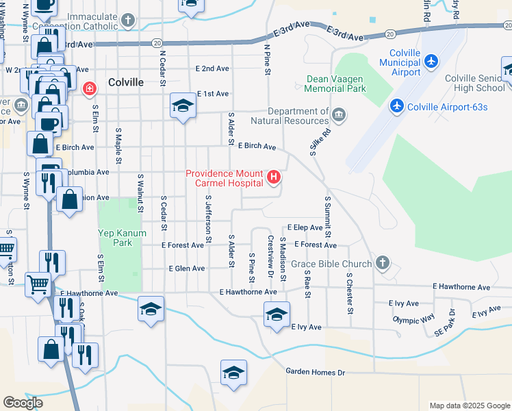 map of restaurants, bars, coffee shops, grocery stores, and more near 958 East Elep Avenue in Colville