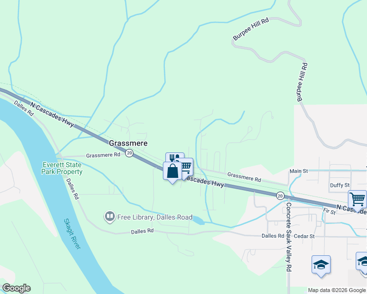 map of restaurants, bars, coffee shops, grocery stores, and more near 7288 Carlson Road in Concrete