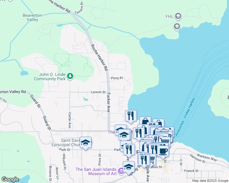 map of restaurants, bars, coffee shops, grocery stores, and more near 555 Marble Street in Friday Harbor