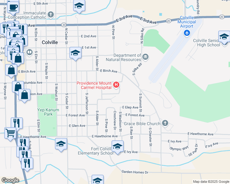 map of restaurants, bars, coffee shops, grocery stores, and more near 982 East Columbia Avenue in Colville