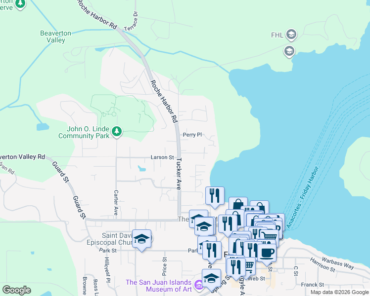 map of restaurants, bars, coffee shops, grocery stores, and more near 555 Marble Street in Friday Harbor