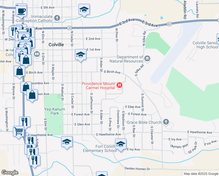 map of restaurants, bars, coffee shops, grocery stores, and more near 982 East Columbia Avenue in Colville