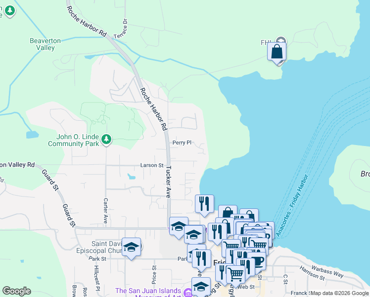 map of restaurants, bars, coffee shops, grocery stores, and more near 525 Perry Place in Friday Harbor