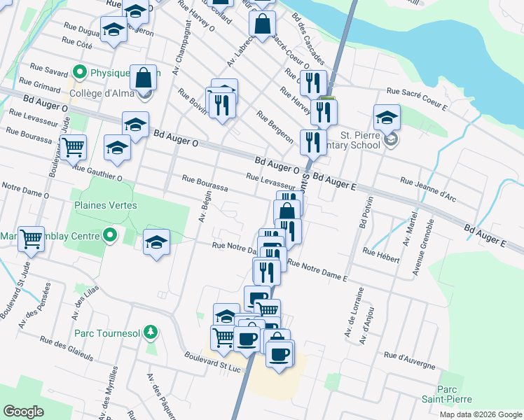 map of restaurants, bars, coffee shops, grocery stores, and more near 630 Avenue Robert-Jean in Alma