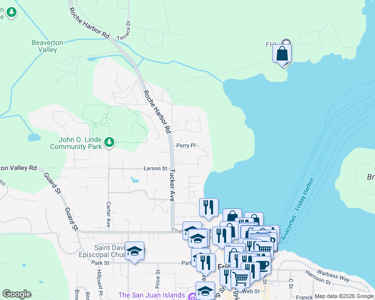 map of restaurants, bars, coffee shops, grocery stores, and more near 530 Tucker Avenue in Friday Harbor