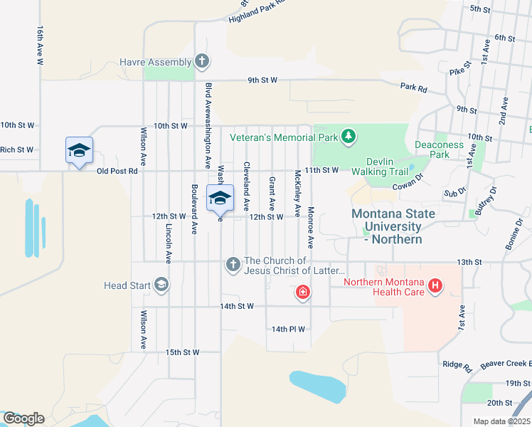 map of restaurants, bars, coffee shops, grocery stores, and more near 1165 Cleveland Avenue in Havre